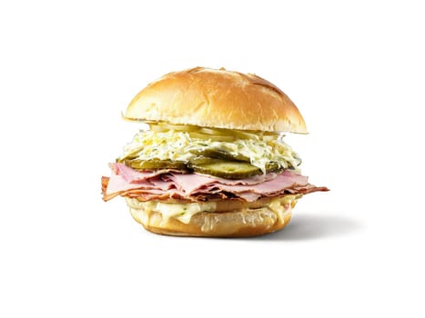 Cubano Slider Slow roasted pork ham pickles and melted Swiss cheese on crispy bread radiating. Food isolated on transparent background.
