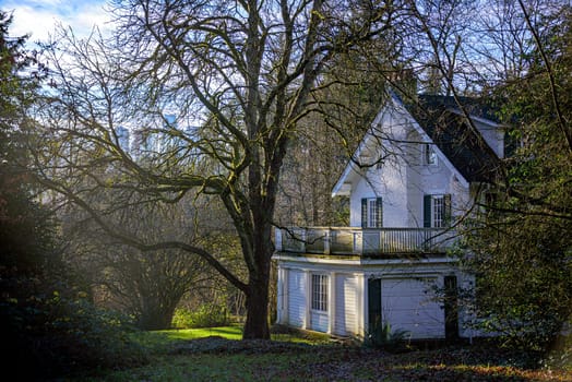 Historic residential house on foggy winter day in Vancouver.