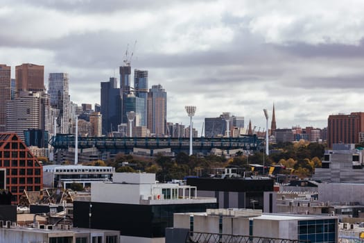 MELBOURNE, AUSTRALIA - JUNE 10, 2022: View towards Melbourne Cricket Ground and Melbourne skyline from a high rise building in Cremorne in Australia
