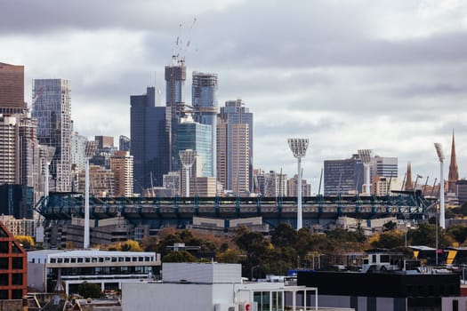 MELBOURNE, AUSTRALIA - JUNE 10, 2022: View towards Melbourne Cricket Ground and Melbourne skyline from a high rise building in Cremorne in Australia