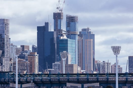 MELBOURNE, AUSTRALIA - JUNE 10, 2022: View towards Melbourne Cricket Ground and Melbourne skyline from a high rise building in Cremorne in Australia