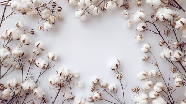Cotton flowers arranged in a circular pattern on a white background, minimalistic floral design. Natural beauty concept.