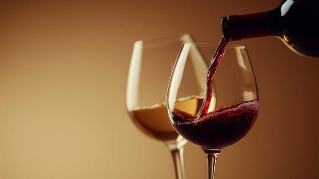 Two wine glasses with red and white wine, studio shot. Elegant beverage presentation concept.