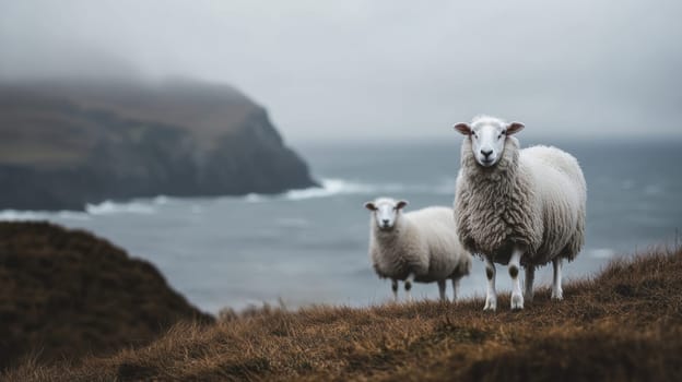 Two sheep standing on cliffside with ocean in the background, misty weather. Rural and nature concept.