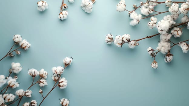 Cotton branches with white fluffy buds on a light blue background, top view. Minimalist nature concept.