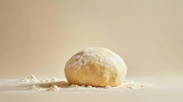 Ball of raw dough on a floured surface, studio shot. Baking and pastry preparation concept.