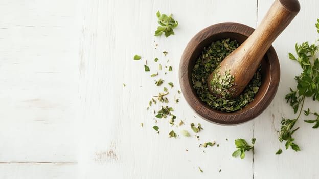 Wooden mortar and pestle with dried herbs on white background, culinary and herbal medicine concept.