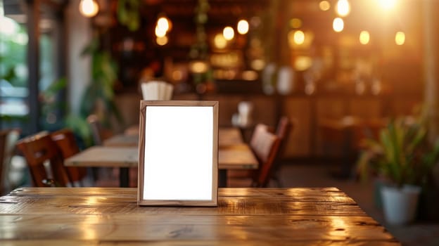 Empty wooden frame on table in cozy cafe, warm lighting with blurred background. Restaurant advertising concept.