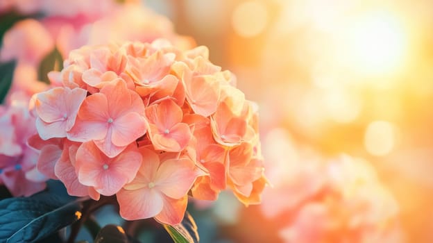 Close-up of pink hydrangea flowers with sunlight in background, soft focus. Nature and floral beauty concept.