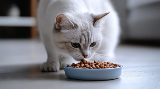 White cat eating dry food from a blue bowl on a floor, indoor scene. Pet care and nutrition concept.
