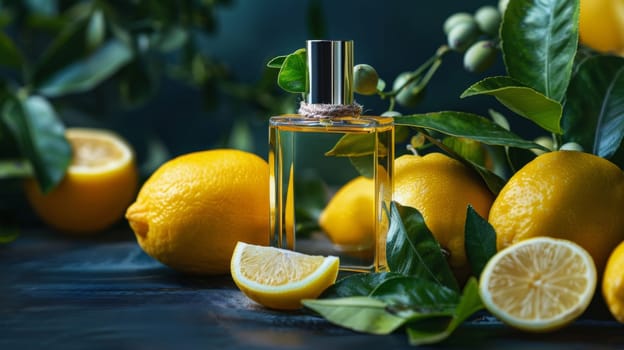 Perfume bottle surrounded by fresh lemons and green leaves.