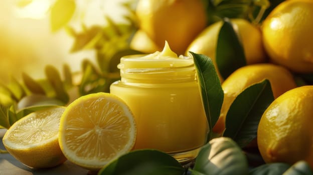 Jar of face cream sits amidst fresh lemons and leaves on a sunny day, close-up food photography.