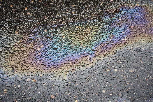 A top-down view of a reflective puddle of oil or gasoline on saturated asphalt.