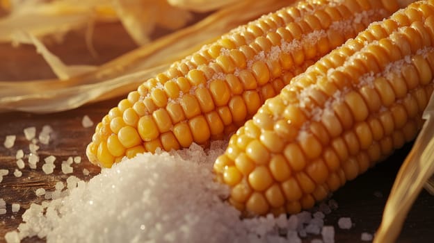 Close-up of two salted corn cobs on wooden surface with corn husks in background, culinary and agriculture concept.