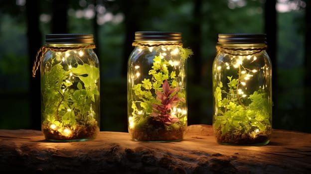 Three Illuminated Plant Jars Creating a Serene Ambience.