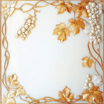 The artwork features a detailed grapevine design in gold with white grapes and leaves, elegantly arranged on a light background, creating a sophisticated atmosphere.
