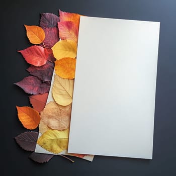 A collection of vibrant autumn leaves, in shades of red, orange, and yellow, is thoughtfully arranged next to blank paper on a dark surface, perfect for craft projects.