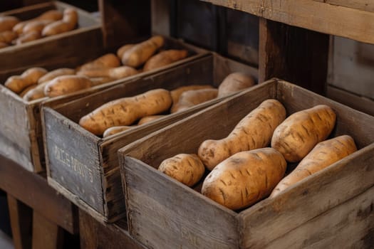 Wooden crates are filled with freshly harvested sweet potatoes, showcasing their rich color and texture. This display highlights the bounty of the autumn harvest.