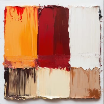 A canvas displays an arrangement of rich colors, including orange, red, and beige, with textured layers that highlight artistic expression in a studio setting.