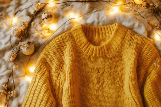 A vibrant yellow sweater rests on a soft surface, surrounded by twinkling fairy lights and delicate dried flowers, creating a cozy, inviting atmosphere.