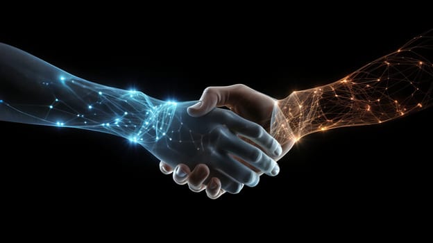 Two wire-frame glowing hands, handshake, technology, business, trust concept.