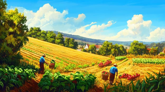 Two farmers gather ripe vegetables in baskets under a bright sky filled with fluffy clouds. The landscape features vibrant fields and distant hills.