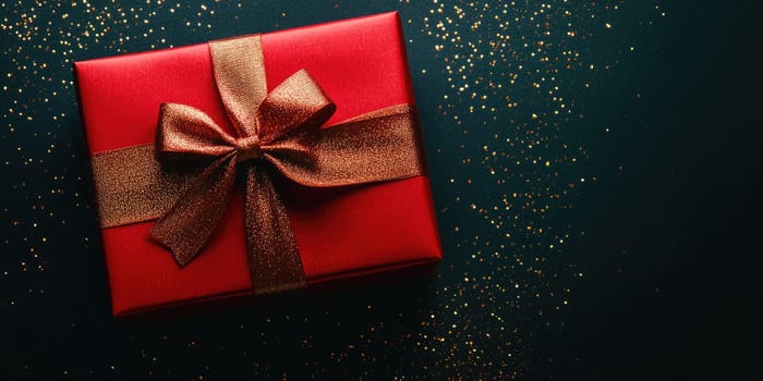 The striking red gift box, adorned with a luxurious gold bow, is placed against a dark surface sprinkled with shimmering gold glitter, creating a festive atmosphere.