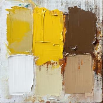 A collection of paint swatches showcases various shades of yellow, brown, and white arranged on a canvas, ready for use in creative artwork in a studio.