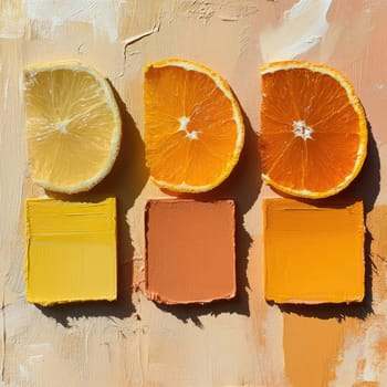 Sliced lemon and orange sit alongside vibrant paint swatches on a textured backdrop, showcasing a beautiful interplay of color and natural elements in a creative display.