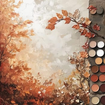 A stunning autumn landscape features rich foliage in warm hues, blending seamlessly into a soft, neutral backdrop. An artist’s palette with various earth tones lies nearby, ready for use.