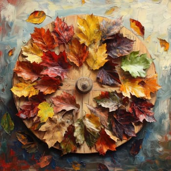 A colorful display of autumn leaves in red, orange, yellow, and green hues is artistically arranged in a circular pattern on a wooden background, capturing the essence of fall.
