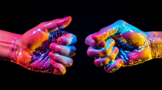 Vibrant Neon Painted Hands Creating Artistic Masterpieces.