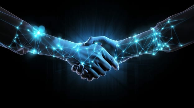 Two wire-frame glowing hands, handshake, technology, business, trust concept.