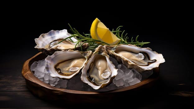 Wooden Bowl Filled With Fresh Oysters and Tangy Lemon Wedges.