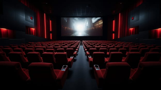 An Abandoned Theater With Vibrant Red Seats and a Massive Projector Screen.