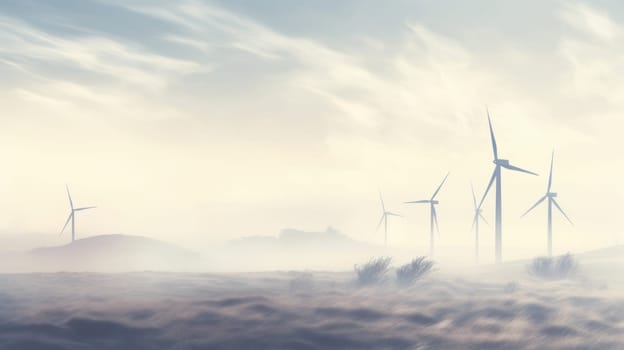 Group of Windmills on a Foggy Day.