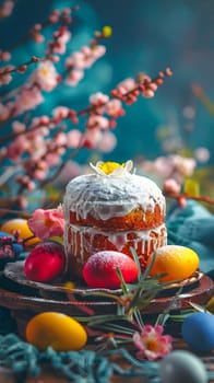 Festive Easter display with cake, eggs, flowers, celebrating spring holiday season