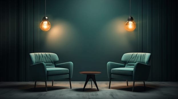 Two chairs and spotlights in podcast or interview room.