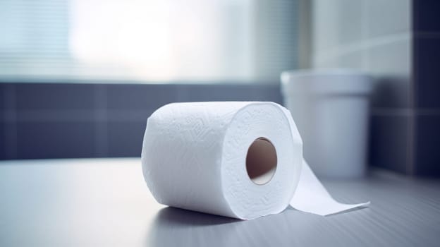 A roll of toilet paper sitting on a bathroom.