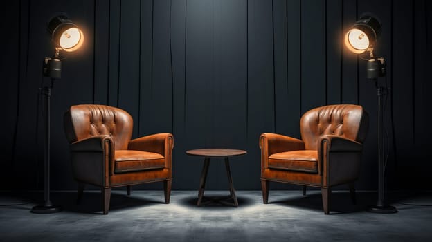 Two chairs and spotlights in podcast or interview room.