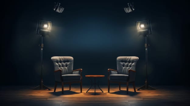 Two chairs and spotlights in podcast or interview room.