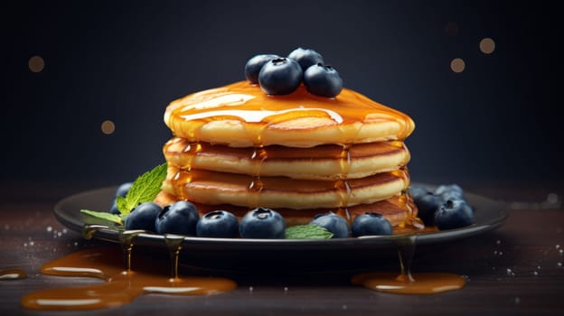 Delicious Pancakes with Sweet Syrup and Juicy Blueberries.