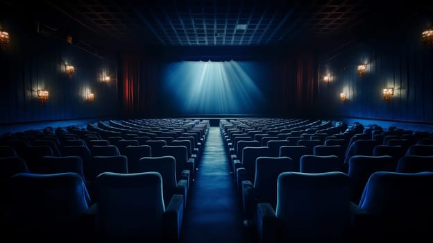 Empty Theater with Rows of Seats and Lights.