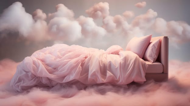 A pink bed sitting in the middle of a cloud filled sky.