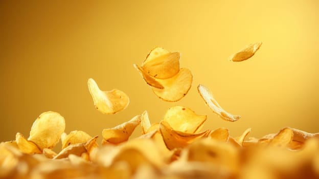 A pile of potato chips falling into the air.