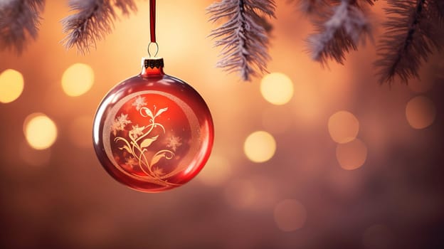 Red Ornament Hanging From Christmas Tree.