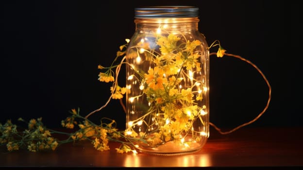Yellow Blossoms Illuminated by Enchanting Mason Jar Glow.