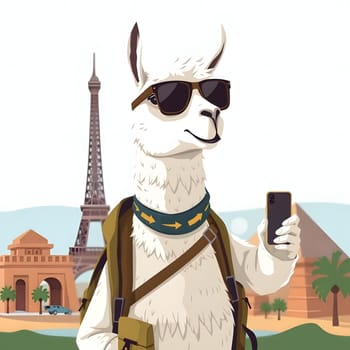 A llama dressed in trendy sunglasses and a backpack stands proudly, taking a selfie in front of iconic landmarks, blending charming elements of travel and fun in a creative setting.