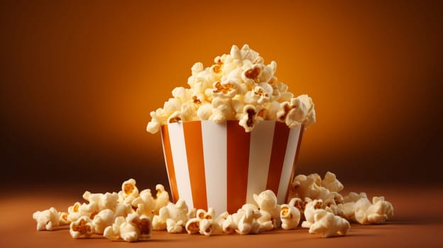A popcorn bucket full of popcorn on a brown background.