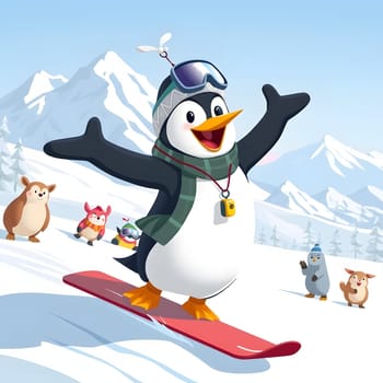 A playful penguin glides down a snowy slope on a bright red snowboard, surrounded by various cheerful animal friends. The snow-capped mountains glisten in the background.